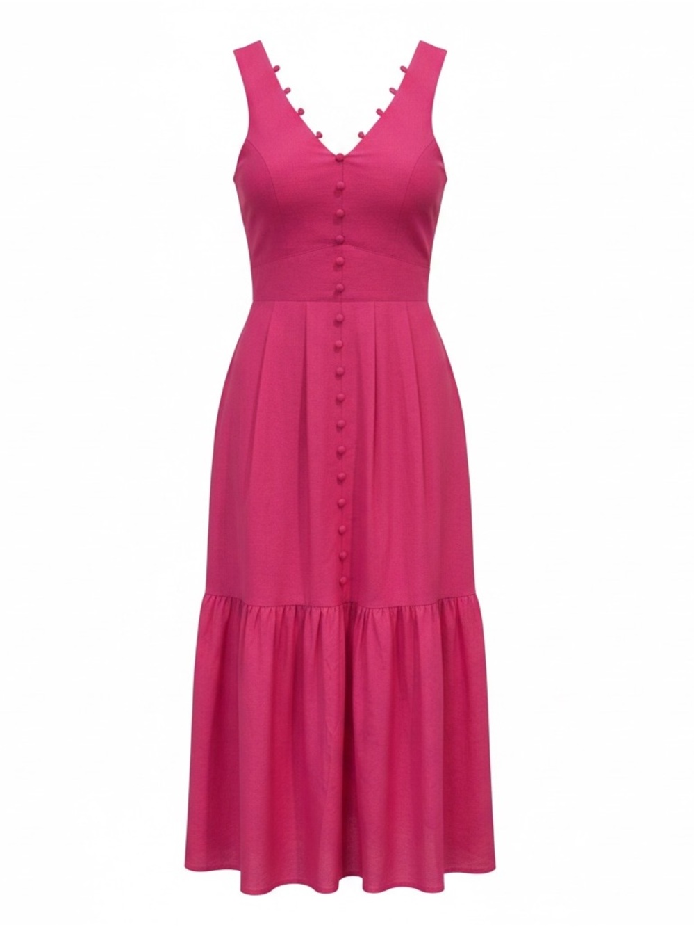 Lulu's Fuchsia Button-Down V-Neck Midi Dress
